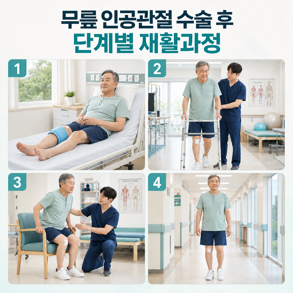 무릎 인공관절 수술 후 단계별 재활과정을 진행하는 60대 환자