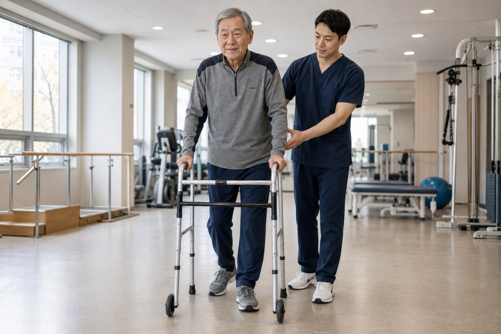 고관절 인공관절 수술 후 물리치료사의 도움을 받아 보행기로 걷는 70대 환자