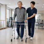 고관절 인공관절 수술 후 물리치료사의 도움을 받아 보행기로 걷는 70대 환자