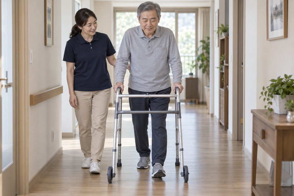 고관절 인공관절 수술 후 성인용 보행기로 걷는 70대 환자와 옆에서 돕는 보호자