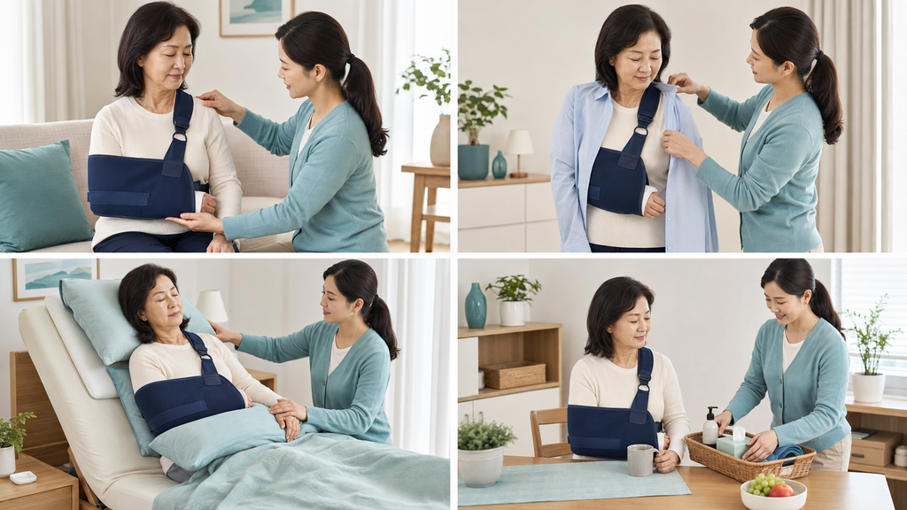 회전근개 수술 후 보호자가 보조기와 일상생활을 돕는 모습